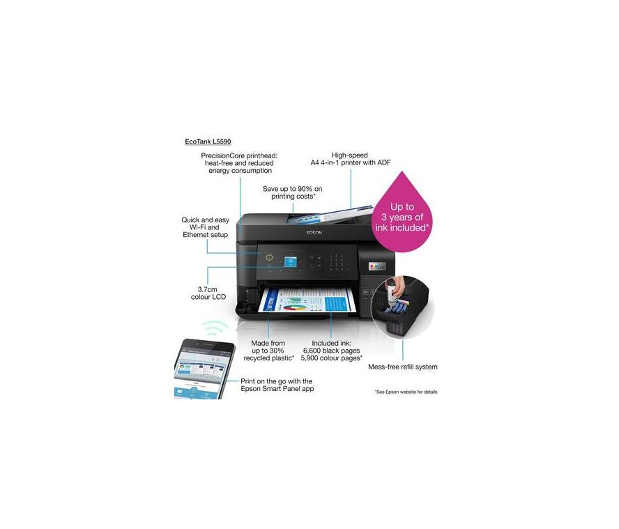 Impresora Multifuncional Epson EcoTank L5590,  Imprime/Escanea/Copia/Fax/USB/LAN/Wi-Fi