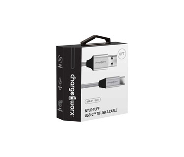 CABLE USB-C / USB-A CHARGEWORX NYLO-TUFF PARA SMARTPHONES & TABLETS, 6FT, TRENZADO, PLATEADO.