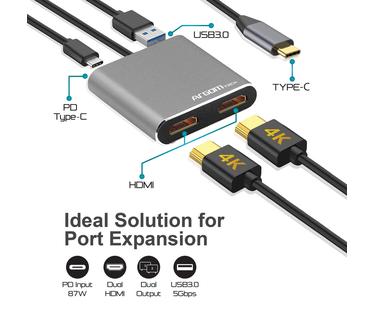 DOCKING STATION ARGOM ADAPTER ONE AXESS USB-C TO 2 PUERTOS HDMI DUAL IMPUT, 1 USB-C 3.0 87W PD Y 1 USB-A 3.0.