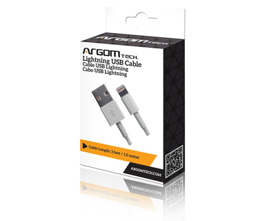 CABLE LIGHTNING ARGOM, 3 PIES, BLANCO. PARA IPHONE 5/5S/6/6S.