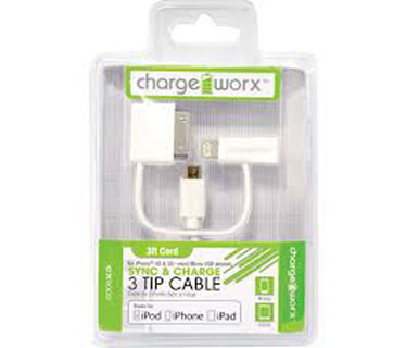 CABLE CARGADOR, MICRO USB, LIGHTNING, APPLE 30 PIN, 3 EN 1, CHARGE WORX 3FT, PARA EQUIPOS ANDROID Y IPHONE (CX9002WH)