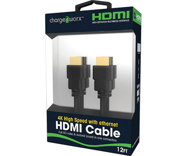 CABLE HDMI CHARGE WORX, 12 PIES, SOPORTA 3D, 4K, SONIDO 5.1 Y 7.1, NEGRO (CX9802BK)