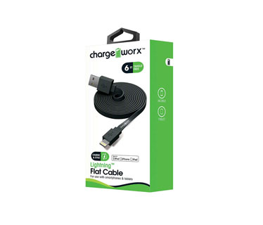 CABLE LIGHTNING PLANO CHARGE WORX (CERTIFICADO) 6FT, PARA IPHONE, NEGRO (CX4506BK)