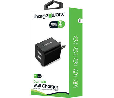 CARGADOR DUAL USB CHARGE WORX DE PARED P/CELULARES,MP3, 2.1A, NEGRO (CX2603BK)