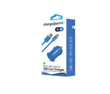 CARGADOR PARA CARRO CHARGE WORX, USB 1.0A, + CABLE MICRO USB, AZUL, (CX3107BL)