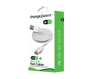 CABLE MICRO USB PLANO CHARGE WORX 6FT, PARA SMARTPHONE, TABLETA, BLANCO 