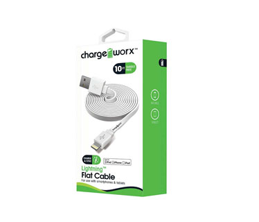 CABLE LIGHTNING PLANO CHARGE WORX (CERTIFICADO) 10FT, PARA IPHONE, BLANCO
