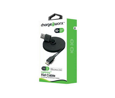 CABLE LIGHTNING PLANO CHARGE WORX (CERTIFICADO) 10FT, PARA IPHONE, NEGRO