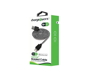 CABLE LIGHTNING TRENZADO, CHARGE WORX (CERTIFICADO) 10FT, BLANCO