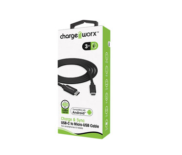 CABLE USB C A MICRO-USB, CHARGE WORX (CERTIFICADO) 3FT, NEGRO