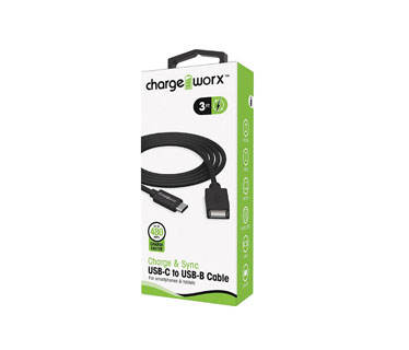 CABLE USB C A USB B, CHARGE WORX (CERTIFICADO) 3FT, NEGRO