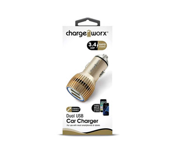 CARGADOR PARA CARRO, CHARGE WORX, DUAL USB 3.4A, GOLD, RAPID CHARGE
