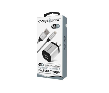CARGADOR USB CHARGE WORX DE PARED P/CELULARES, MP3, 2.4 A, PLATEADO