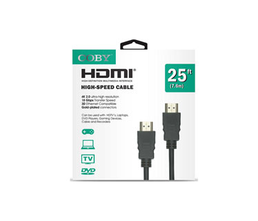 CABLE HDMI 25 PIES COBY, 4K, 2.0 ULTRA-HD, NEGRO.