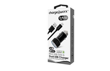 CARGADOR PARA CARRO CHARGE WORX, DUAL USB 3.4A, + CABLE MICRO USB, NEGRO, (CX3044BK)