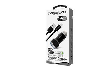 CARGADOR PARA CARRO, CHARGE WORX, DUAL USB 2.4A, BLACK / GRIS, RAPID CHARGE (CX3049BKGR)