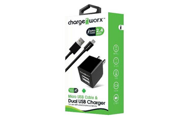 CARGADOR USB DE PARED CHARGE WORX, DUAL USB 2.4A, + CABLE MICRO USB, NEGRO, (CX3206BK)