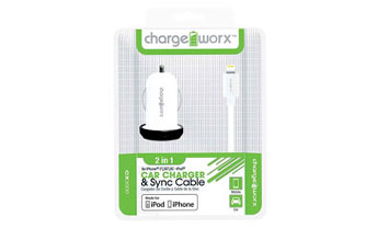 CARGADOR USB CHARGE WORX PARA CARRO & SYNC CABLE FOR IPHONE 5/5S/5C , 6/6 PLUS, WHITE